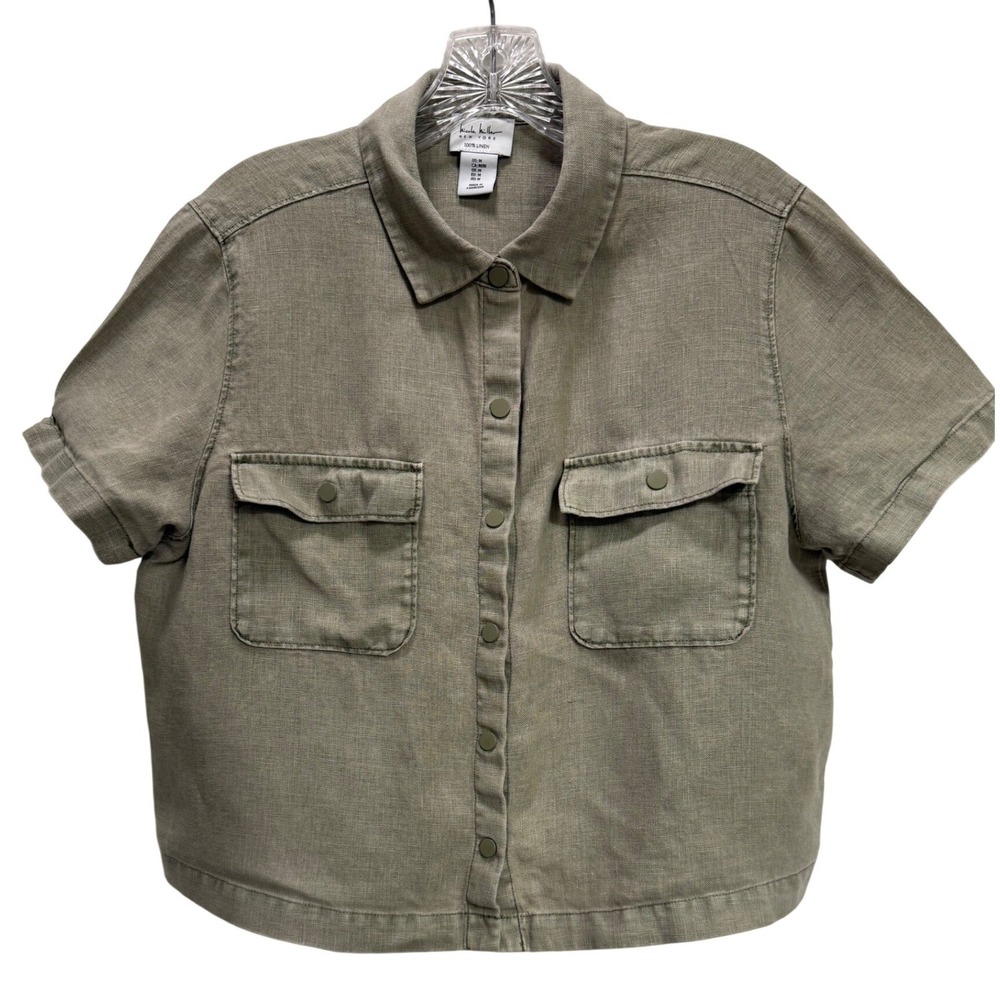 Nicole Miller Camp Top Olive Green distressed EUC Linen Cropped Snap Front